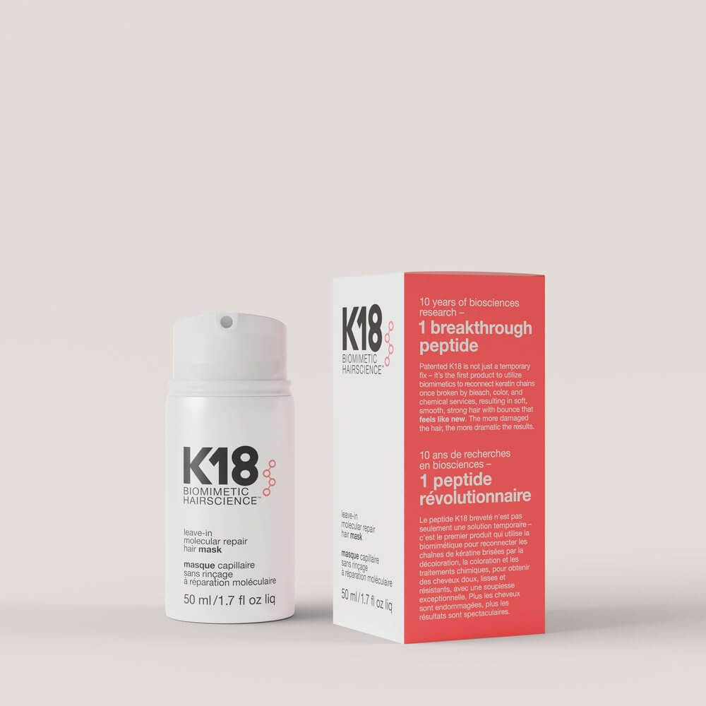 K18Peptide™ is the patented molecular breakthrough clinically proven to reverse hair damage from: bleach + color, chemical services, and heat 