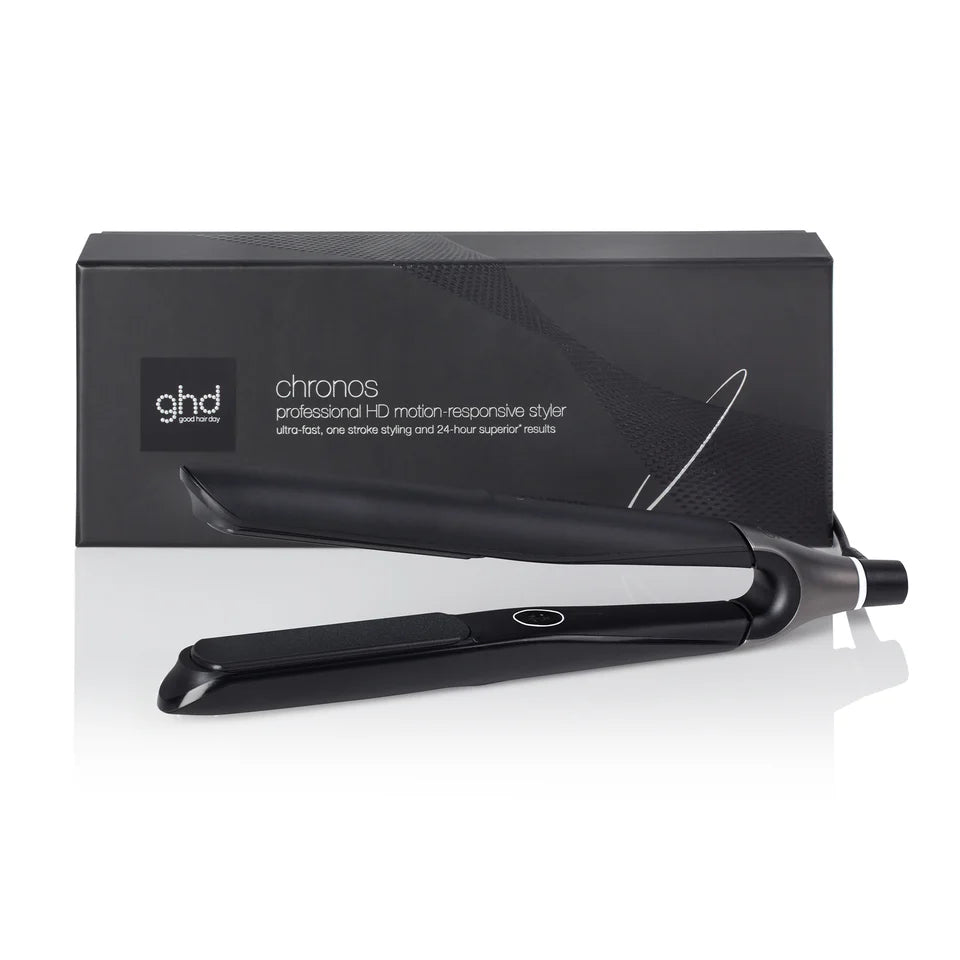 Black GHD Chronos  hair straightener with packaging on a white background