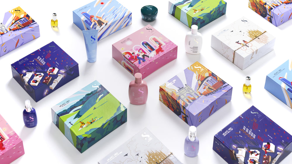 Various colorful product boxes and bottles on a white background