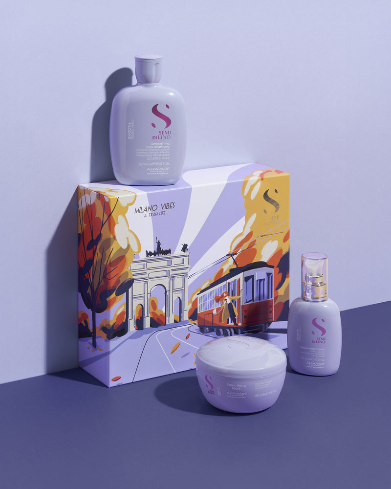 Set of hair care products including bottles and a jar on a purple background