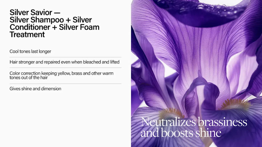 Advertisement for Silver Savior hair care products with a purple flower.