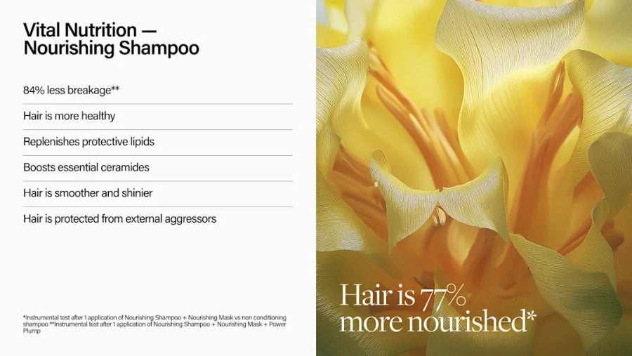 Advertisement for Vital Nutrition Nourishing Shampoo with text and floral imagery.
