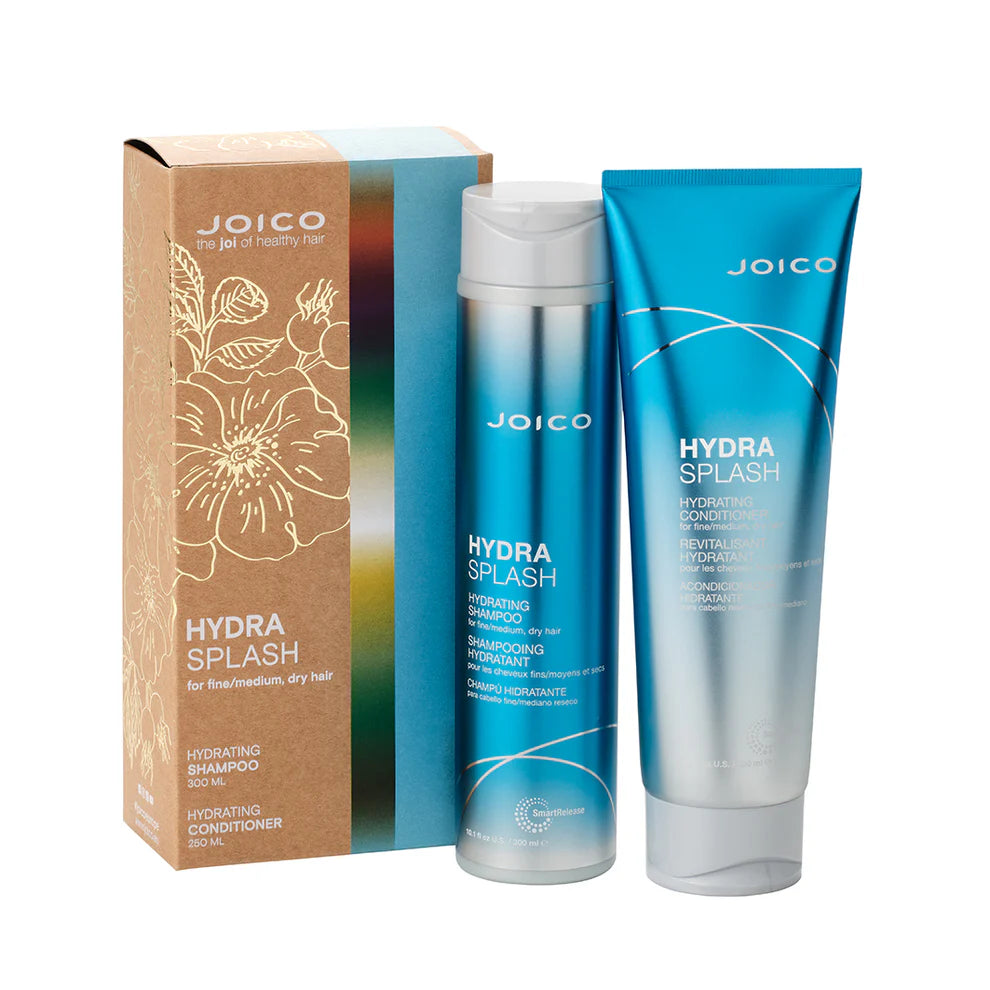Joico Hydra Splash shampoo and conditioner set on a white background