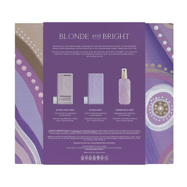 Product packaging with 'Blonde and Bright' branding and images of hair care items on a purple background.