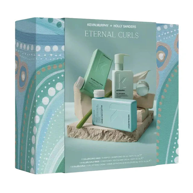 Kevin Murphy hair care product set packaging with 'Eternal Curls' text on a white background