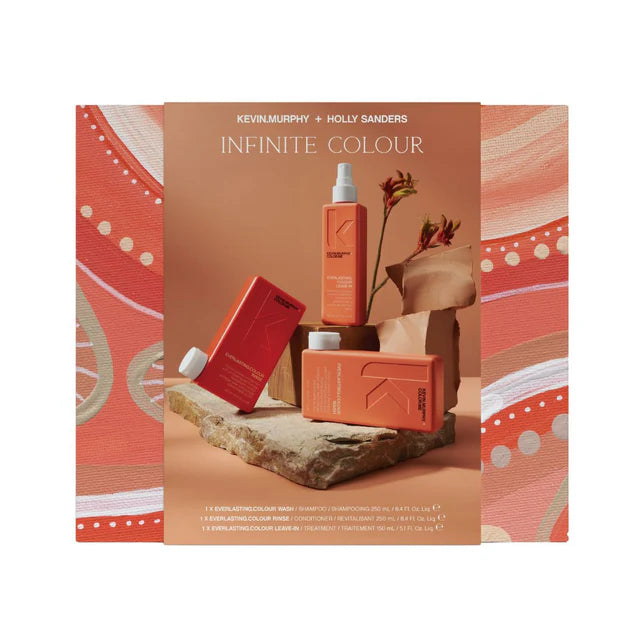 Kevin Murphy hair care product set with packaging featuring 'Infinite Colour' by Kevin Murphy and Holly Sanders.