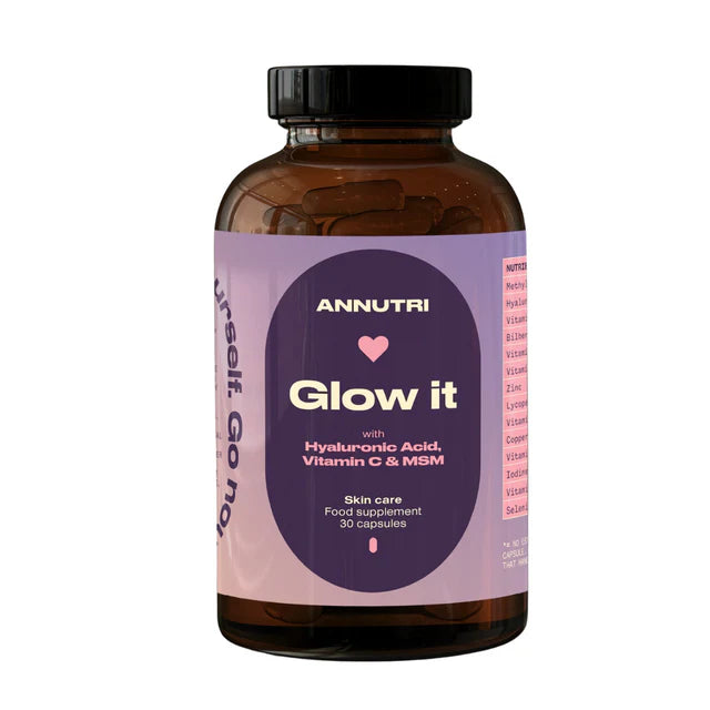 Supplement bottle labeled 'Glow it' by Annutri on a white background Glow It - Skin Supplement - 1 Month
