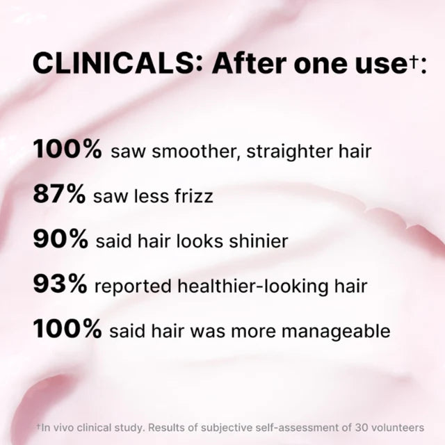 Text overlay with hair care product benefits on a pink background