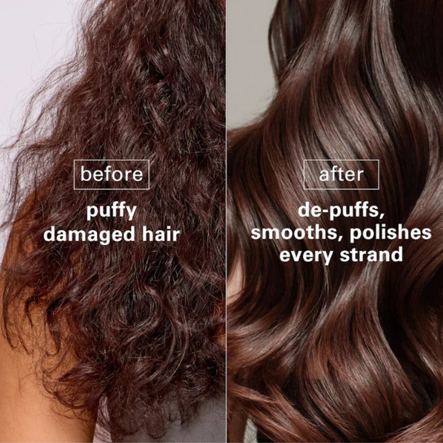 Before and after comparison of puffy damaged hair and smooth, polished hair.