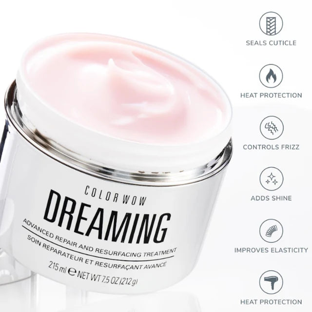 Color Wow Dreaming hair treatment jar with pink cream on a white background