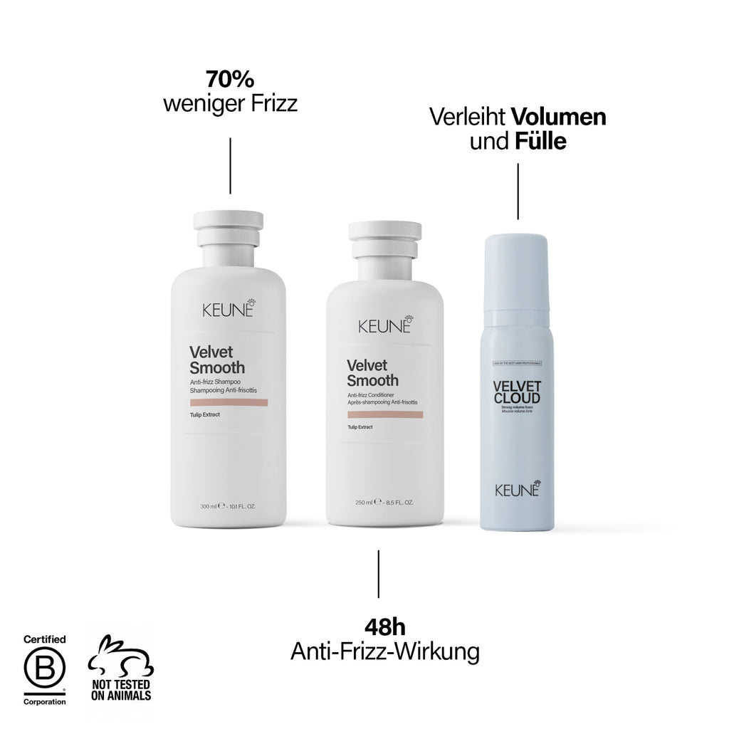 Three KEUNE hair product bottles with text highlighting features on a white background