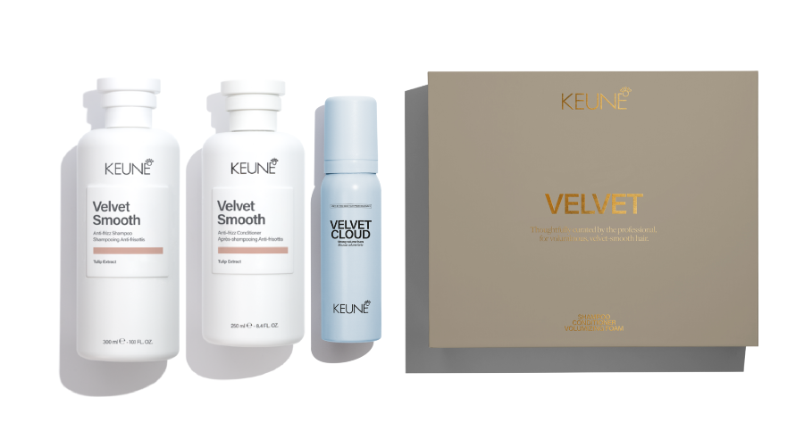 Keune Velvet Smooth hair care products including bottles and a box on a white background
